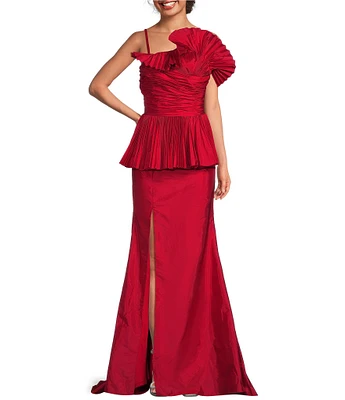 Terani Couture Pleated Taffeta Off-The-Shoulder Spaghetti Strap Peplum Gown