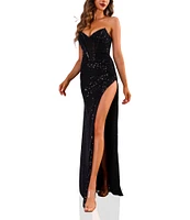 Terani Couture Pointed Sweetheart Neck Corset Bodice Side Slit Sequined Tulle Column Gown