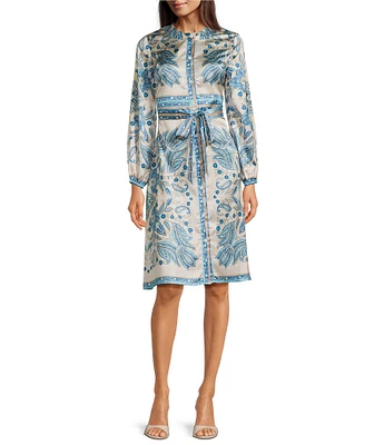 Terani Couture Round Neck Long Sleeve Printed Satin Shirtdress