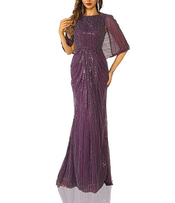 Terani Couture Round Neck Sequin Tulle Ruched Front Capelet Gown
