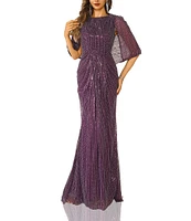 Terani Couture Round Neck Sequin Tulle Ruched Front Capelet Gown