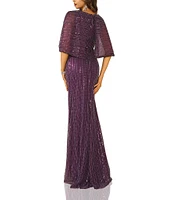 Terani Couture Round Neck Sequin Tulle Ruched Front Capelet Gown