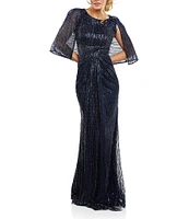 Terani Couture Round Neck Sequin Tulle Ruched Front Capelet Gown