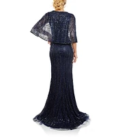 Terani Couture Round Neck Sequin Tulle Ruched Front Capelet Gown