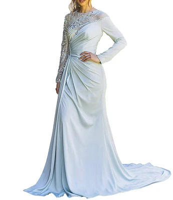 Terani Couture Satin Jersey Beaded Illusion Round Neck Long Sleeve Gown