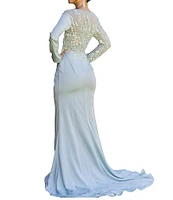 Terani Couture Satin Jersey Beaded Illusion Round Neck Long Sleeve Gown