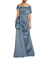 Terani Couture Satin Off The Shoulder Neck Short Sleeve Front Rhinestone Drape Gown