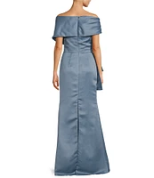 Terani Couture Satin Off The Shoulder Neck Short Sleeve Front Rhinestone Drape Gown