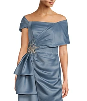 Terani Couture Satin Off The Shoulder Neck Short Sleeve Front Rhinestone Drape Gown