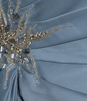 Terani Couture Satin Off The Shoulder Neck Short Sleeve Front Rhinestone Drape Gown