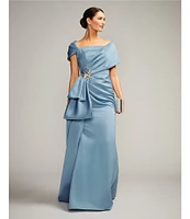 Terani Couture Satin Off The Shoulder Neck Short Sleeve Front Rhinestone Drape Gown