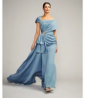 Terani Couture Satin Off The Shoulder Neck Short Sleeve Front Rhinestone Drape Gown