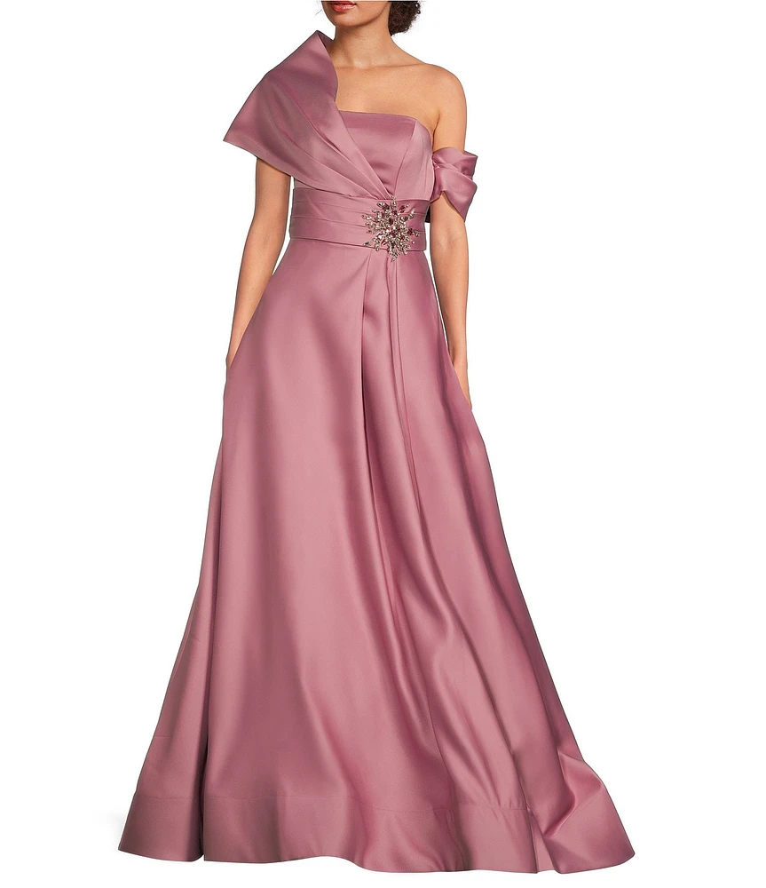 Terani Couture Satin One-Shoulder Neck Sleeveless Beaded Applique A-Line Ball Gown