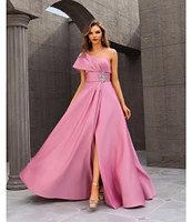 Terani Couture Satin One-Shoulder Neck Sleeveless Beaded Applique A-Line Ball Gown