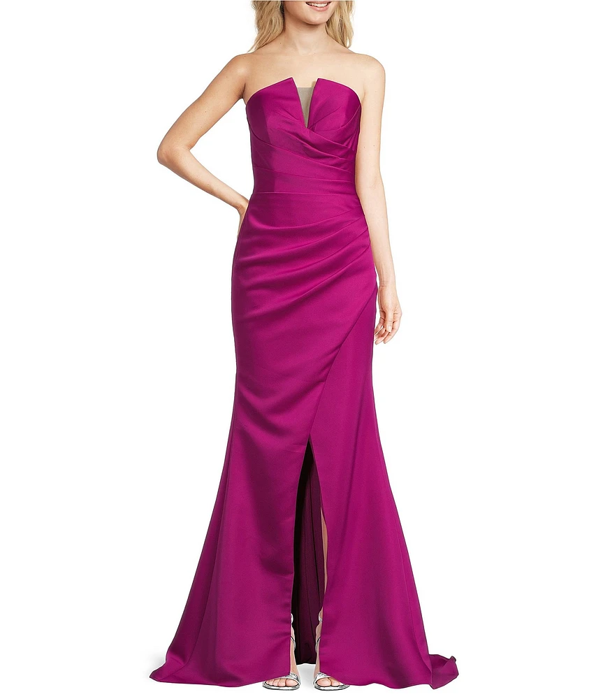 Terani Couture Satin Strapless Neck Sleeveless Sheath Gown