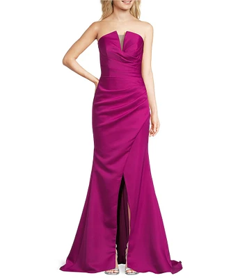 Terani Couture Satin Strapless Neck Sleeveless Sheath Gown