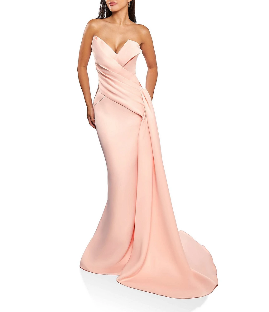 Terani Couture Satin Strapless Sleeveless Drape Side Mermaid Gown