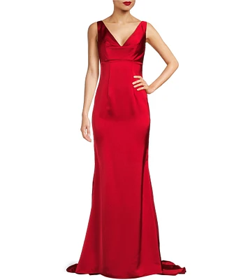 Terani Couture Satin V-Neck Sleeveless V-Back Sheath Gown