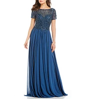 Terani Couture Sequin Chiffon Boat Neck Short Sleeve V-Back Lace A-Line Dress