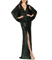 Terani Couture Sequin Deep V-Neck 3/4 Drape Sleeve Front Slit Gown