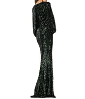 Terani Couture Sequin Deep V-Neck 3/4 Drape Sleeve Front Slit Gown