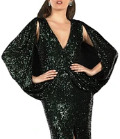 Terani Couture Sequin Deep V-Neck 3/4 Drape Sleeve Front Slit Gown