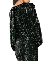 Terani Couture Sequin Deep V-Neck 3/4 Drape Sleeve Front Slit Gown