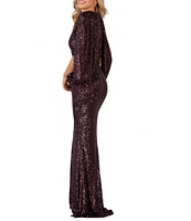 Terani Couture Sequin Deep V-Neck 3/4 Drape Sleeve Front Slit Gown