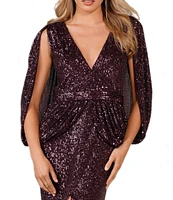 Terani Couture Sequin Deep V-Neck 3/4 Drape Sleeve Front Slit Gown