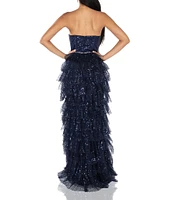 Terani Couture Sequin Tulle Strapless Sleeveless Tiered A-Line Maxi Dress