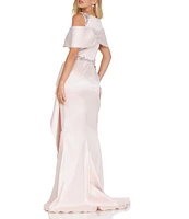Terani Couture Short Cold Shoulder Sleeve Beaded Waist Cascading Ruffled Gown
