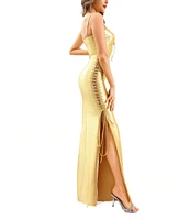 Terani Couture Sleeveless Ribbon Lace Front & Side Stretch Satin Column Gown