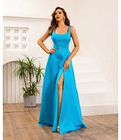 Terani Couture Square Neck Belted Scoop Back Satin A-line Gown