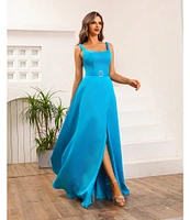 Terani Couture Square Neck Belted Scoop Back Satin A-line Gown