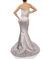 Terani Couture Strapless 3D Petal Trim Jacquard Foil Mermaid Gown