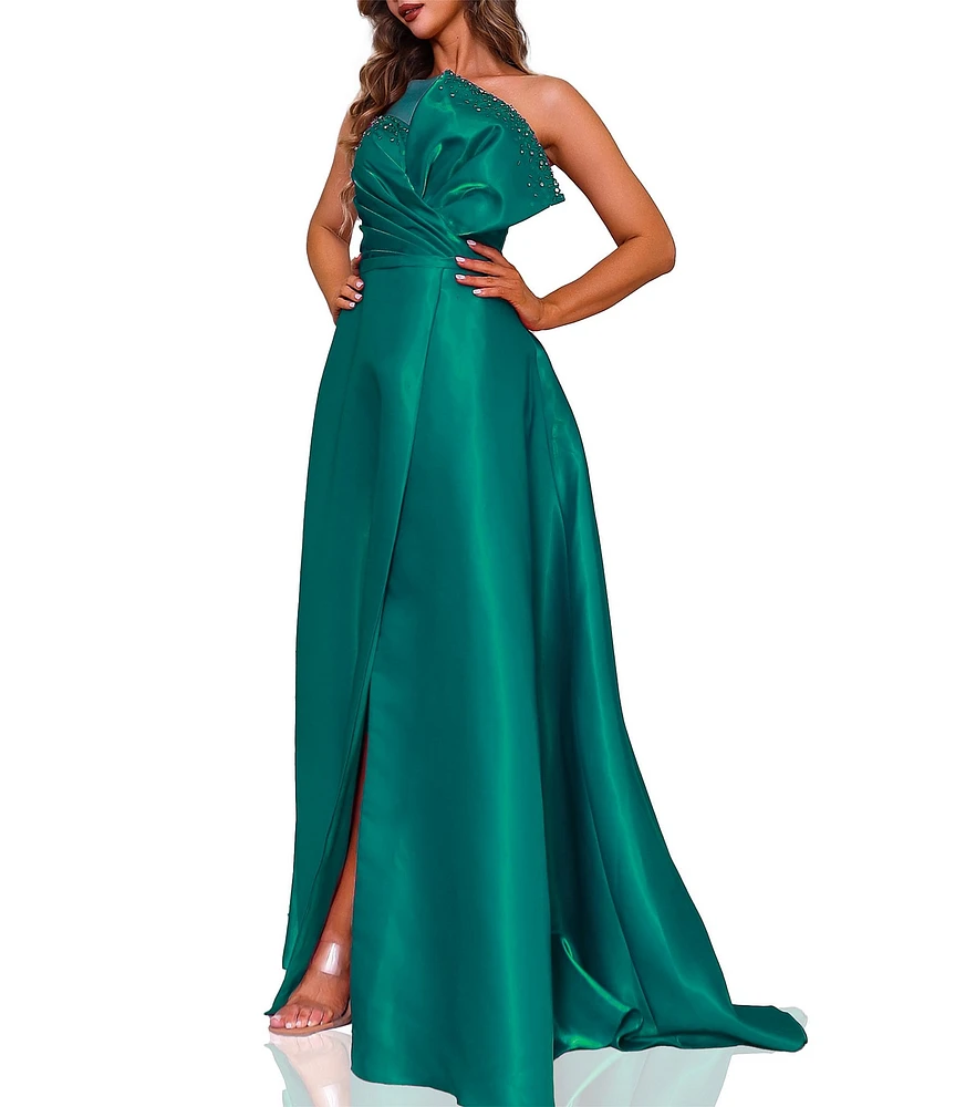 Terani Couture Strapless 3D Ruffle Front Shimmer Crepe Ballgown