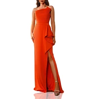 Terani Couture Strapless 3D Ruffle Front Slit Crepe Sheath Gown