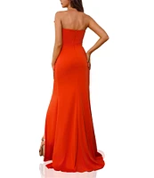 Terani Couture Strapless 3D Ruffle Front Slit Crepe Sheath Gown