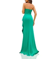 Terani Couture Strapless 3D Ruffle Front Slit Crepe Sheath Gown