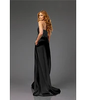 Terani Couture Strapless Ruched Satin Beaded Leaf A-Line Gown