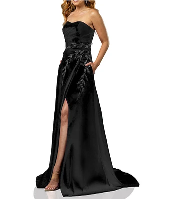 Terani Couture Strapless Ruched Satin Beaded Leaf A-Line Gown