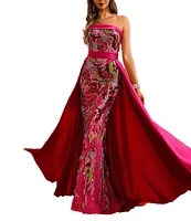 Terani Couture Strapless Sequin Mikado Column Gown With Overlay Skirt