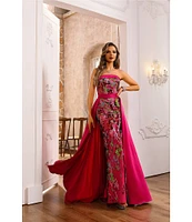 Terani Couture Strapless Sequin Mikado Column Gown With Overlay Skirt