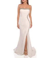 Terani Couture Strapless Sleeveless Cascading Beaded Trim Mermaid Gown