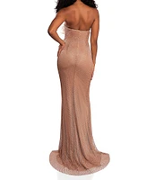 Terani Couture Strapless Sleeveless Feather Embellished Mermaid Gown