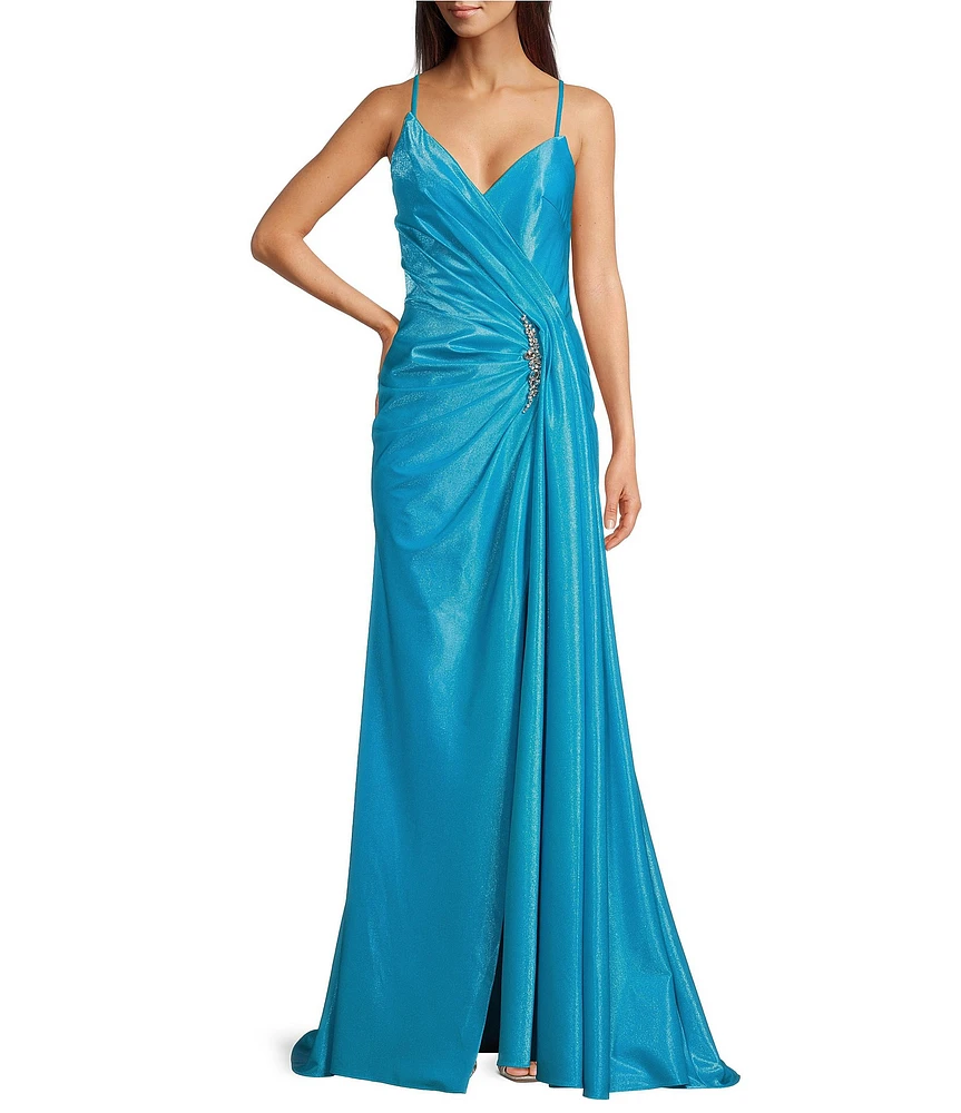 Terani Couture Stretch Metallic Sweetheart Neck Sleeveless Beaded Applique Sheath Gown