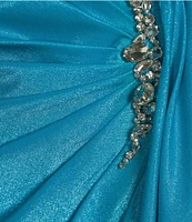 Terani Couture Stretch Metallic Sweetheart Neck Sleeveless Beaded Applique Sheath Gown