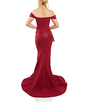 Terani Couture Stretch Satin Off-the-Shoulder Cap Sleeve Sash Gown