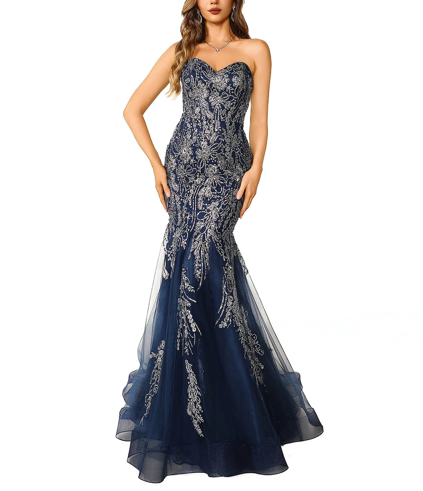 Terani Couture Sweetheart Neck Beaded Tulle Mermaid Gown