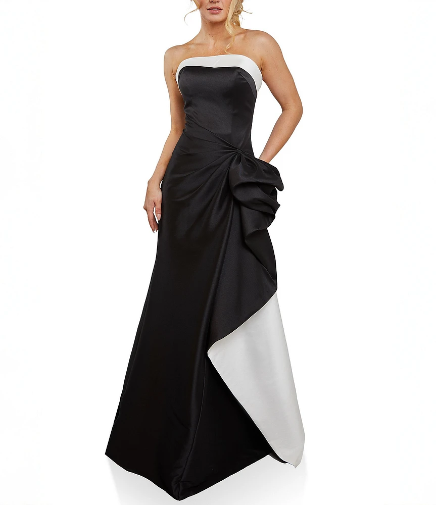 Terani Couture Two Tone Mikado Strapless Sleeveless Side Ruffle Gown